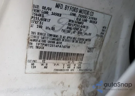 2004 Ford F150 Supercrew from USA, damaged, VIN 1FTPW12514FA16738